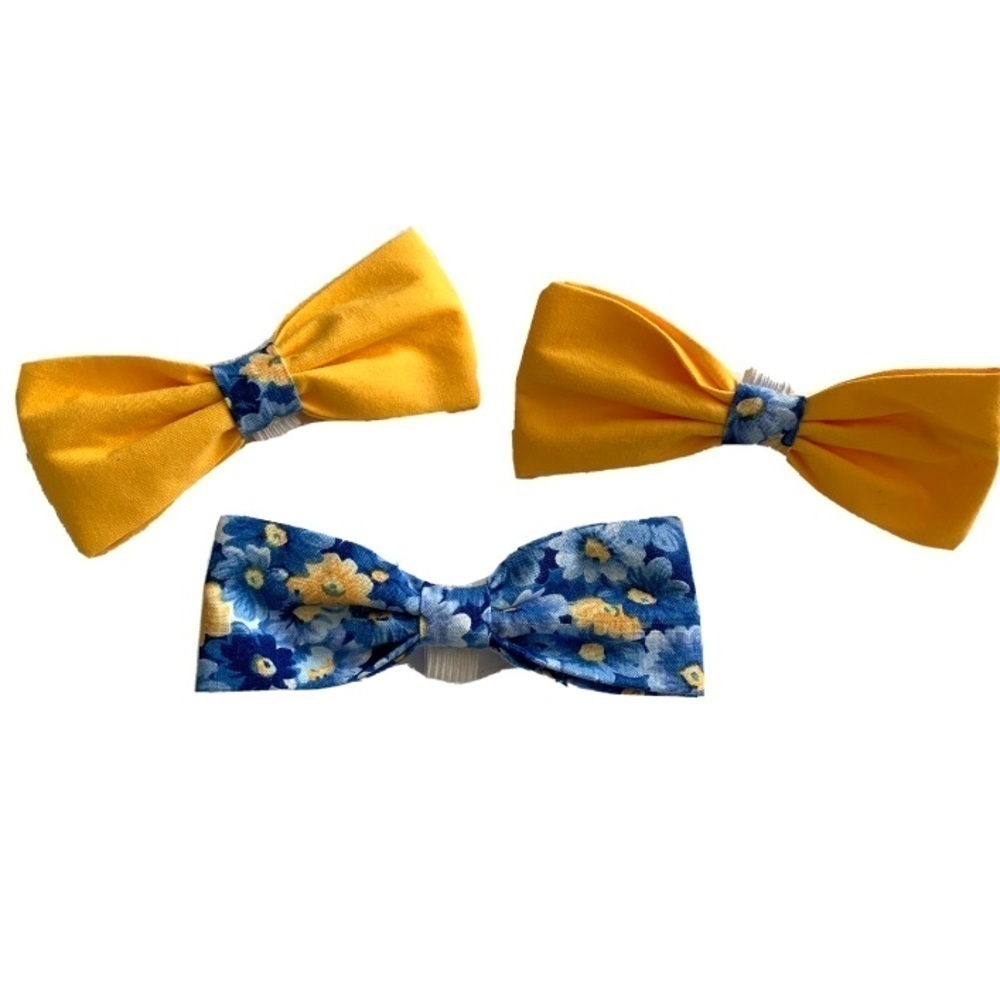 Handmade Set of 3 Dog Bows for Collar Blue & Yellow Floral 4 x 2 inches